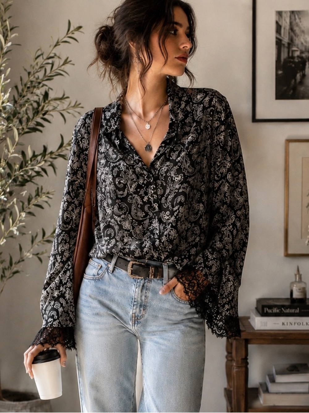 Apostrophe Y2K Paisley Bohemian WhimsyGoth Lace Bell Sleeve Top XL 18/20